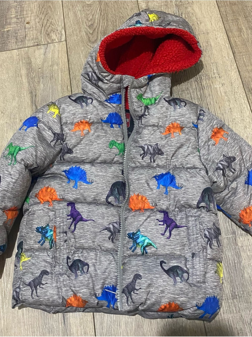 Kids Gray Puffer Jacket with Colorful Dinosaur Print Swiss tech 2t